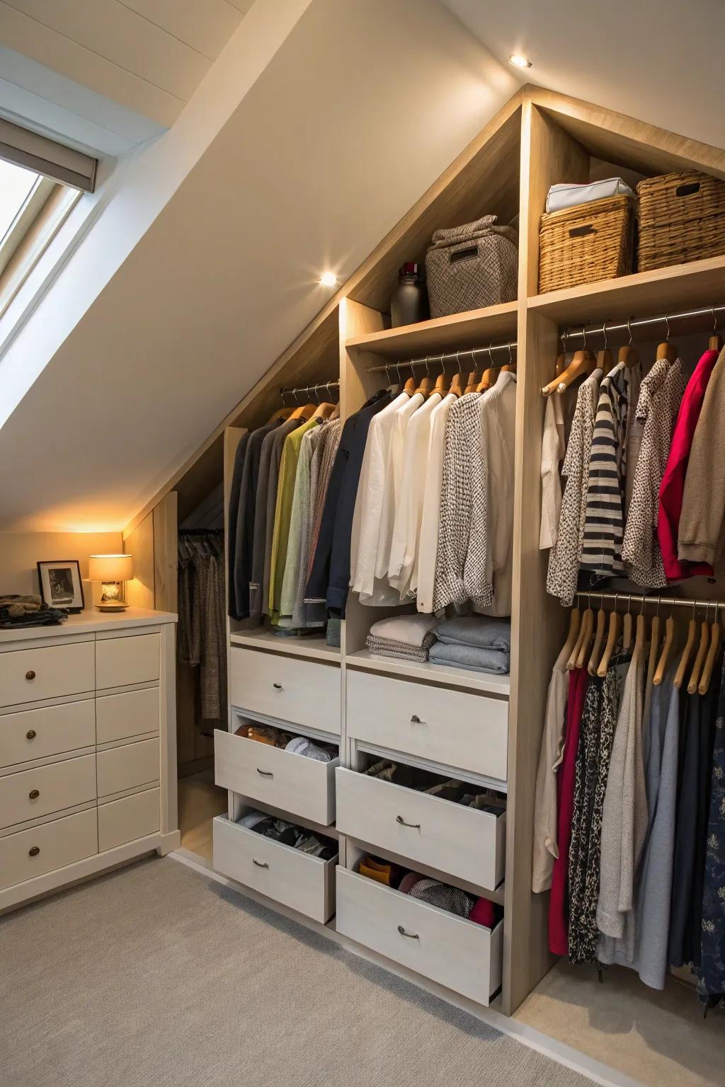 Drawer units in the attic are a great idea.