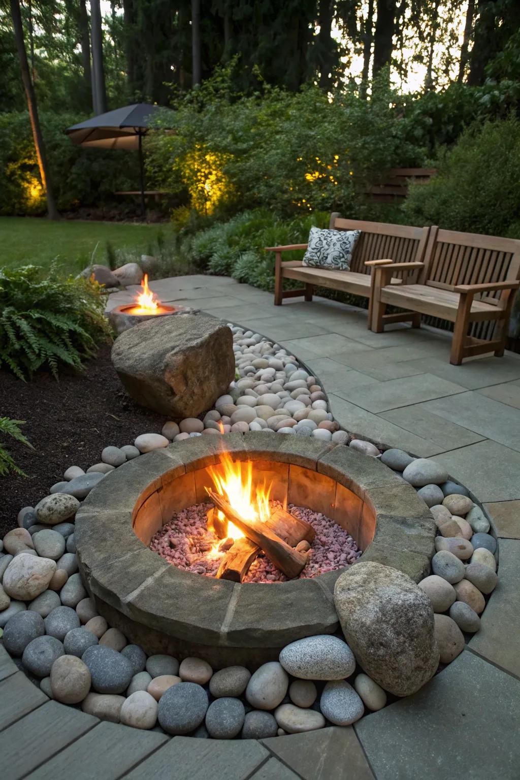 An inviting fire pit zone enhanced with ornamental rocks.