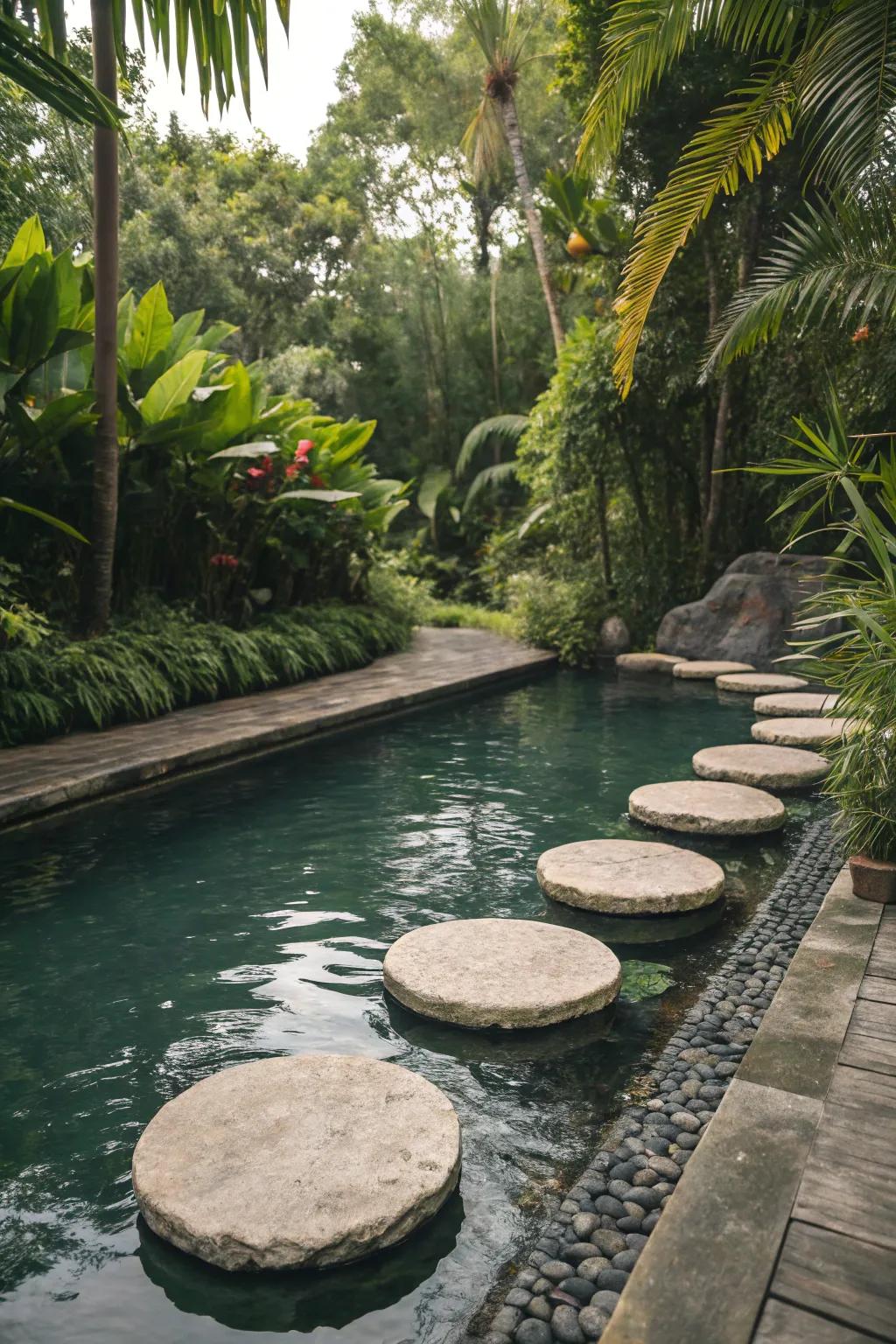 Suspended walkways fashion an enchanting pathway spanning your tropical pool.