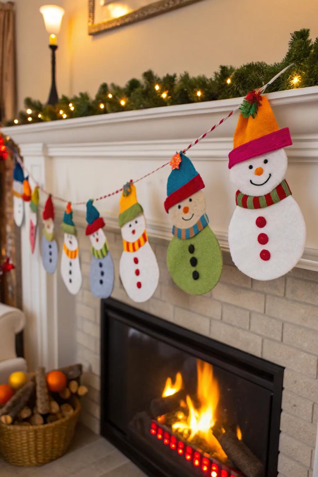 Felt snowman garland brings festive flair to your décor.