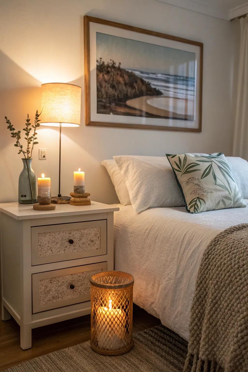 Thoughtful additions such as candles and artwork add warmth.