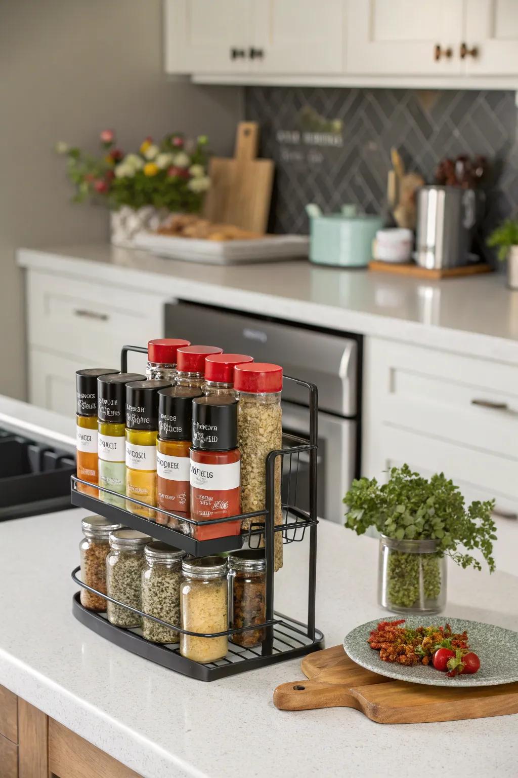 A refined display on the countertop offers swift spice access.