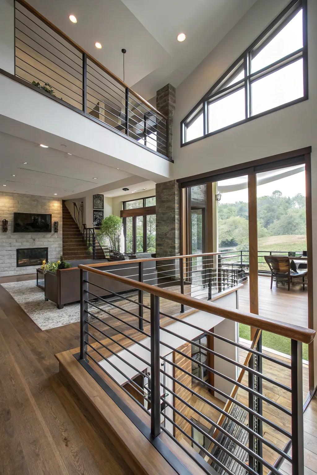 Sleek horizontal batten railings enhancing the openness of a split-level home.