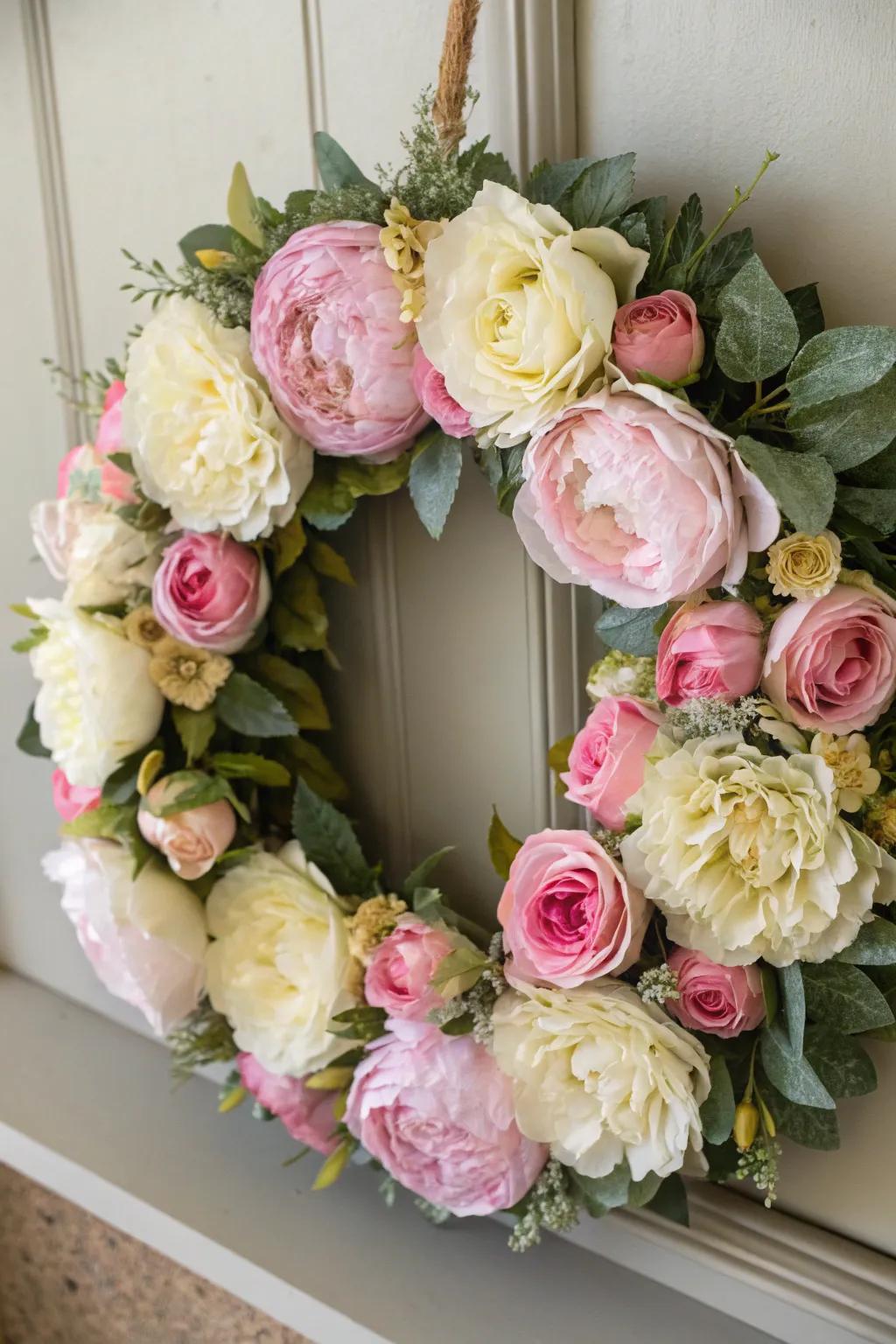 A romantic wreath brimming with timeless silk blooms.