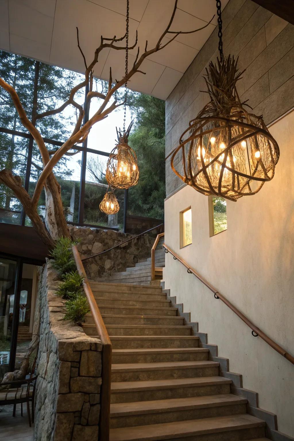 Nature-inspired fixtures contribute an organic sentiment.