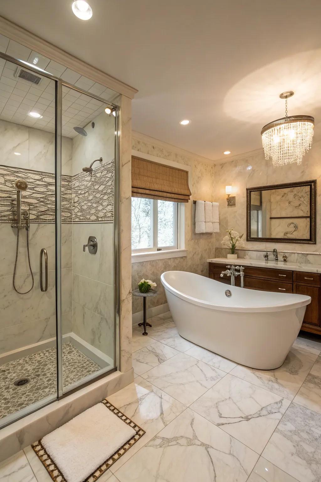 A detached tub complements a standup shower to create a spa-like setting.