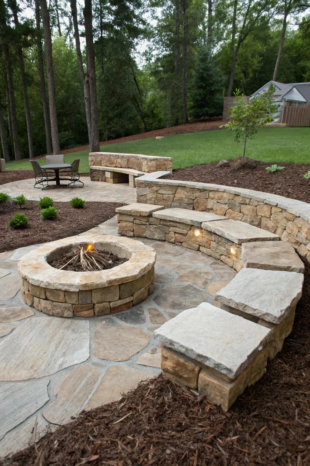 Establish a cozy gathering area with a stone and mulch fire pit.