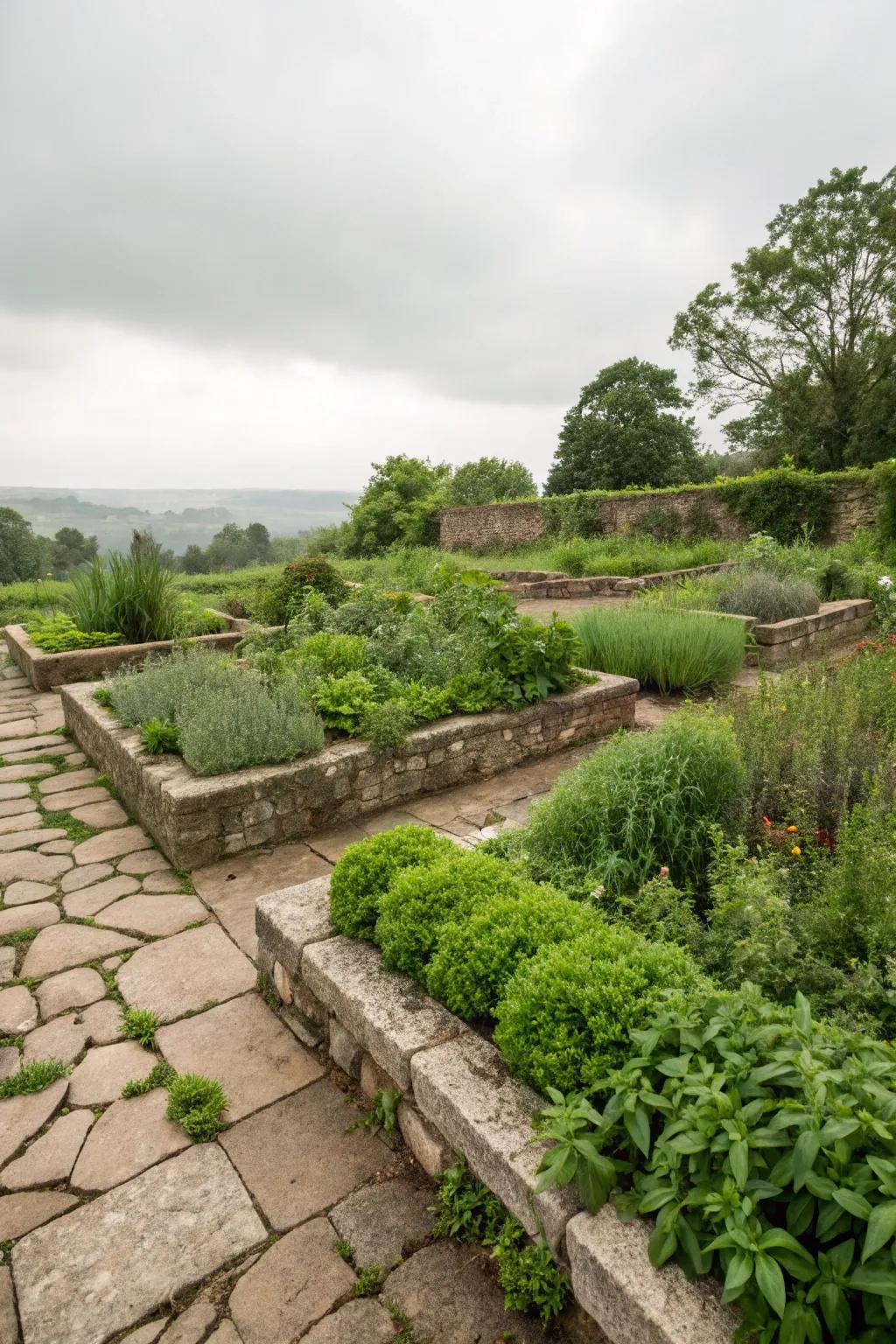 A flourishing stone herb garden utilizing organic heat retention.