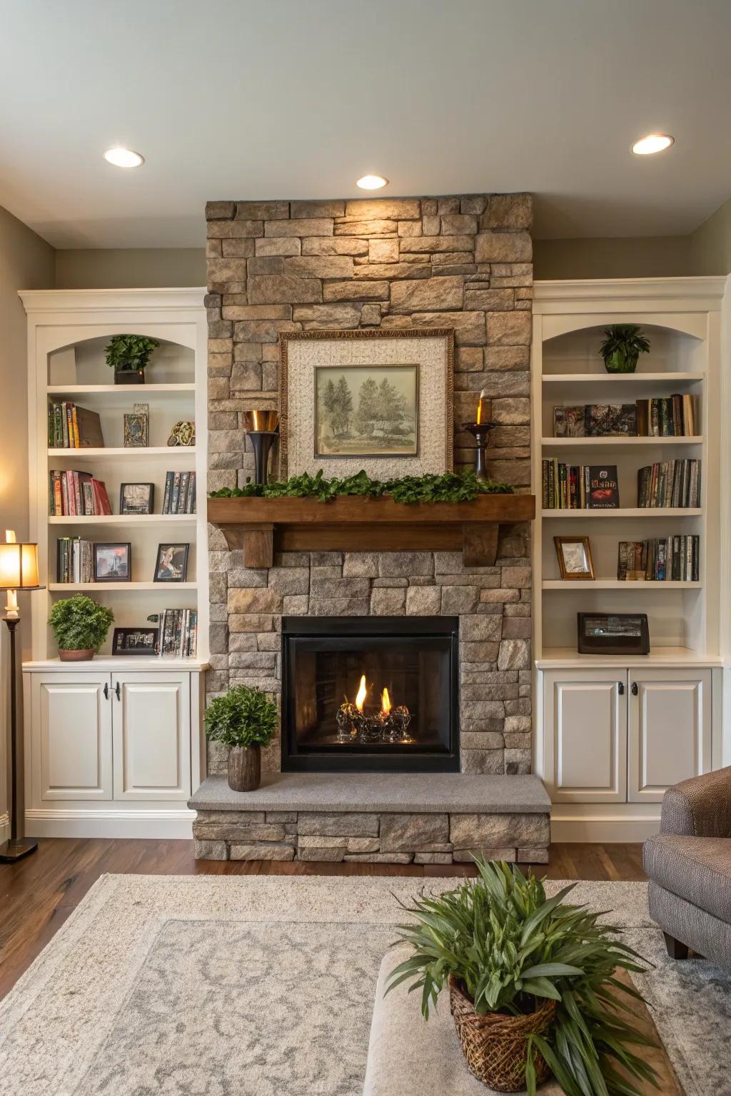 A utilitarian family room showcasing a stone fireplace alongside integrated shelving.