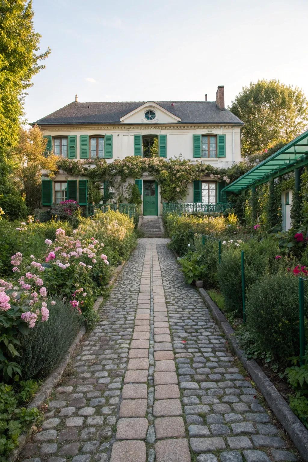 An enchanting pebble walkway leading to a stone-front house.