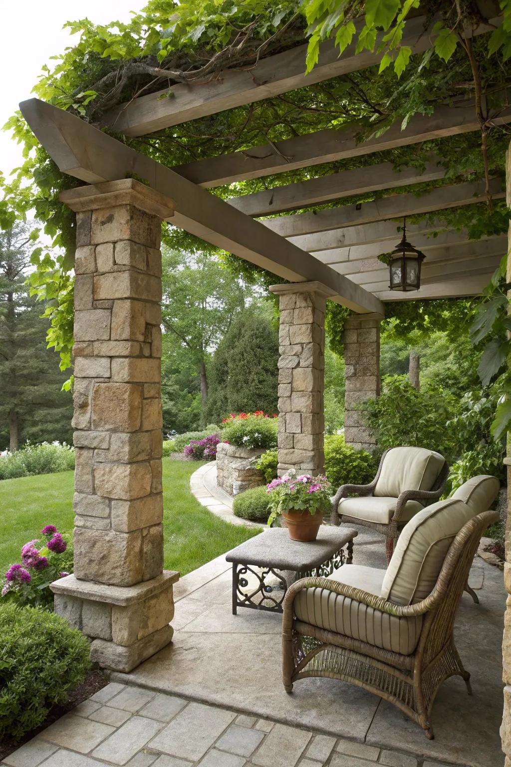 A stone alcove appends shade and refined style.