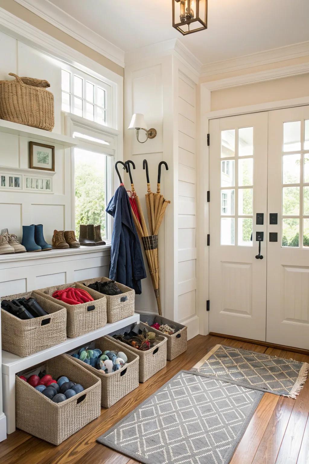 Entryway bins for a clutter-free first impression.
