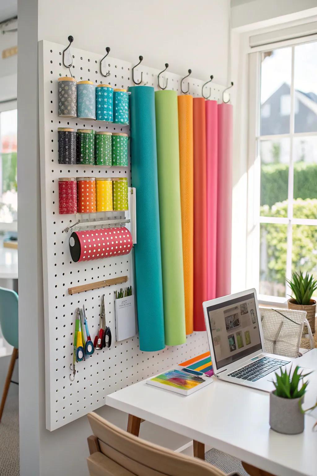 Pegboard presentations offer customized arrangement for vinyl rolls.