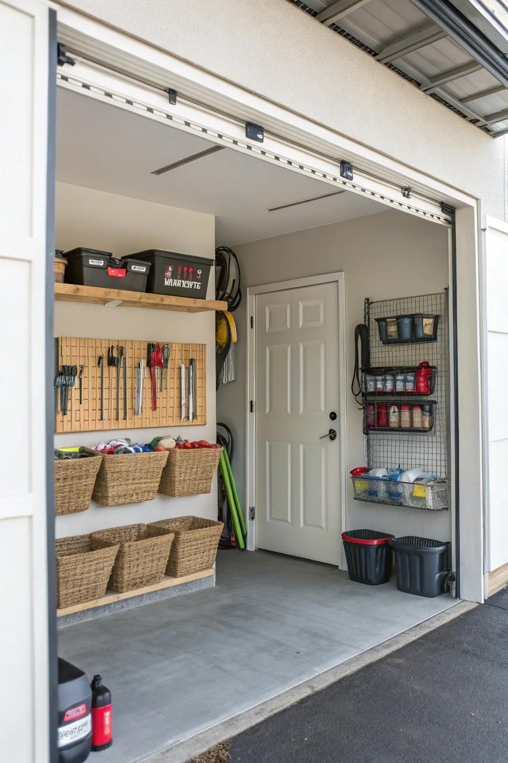 A garage door with mounted baskets, exemplifying practical and space-efficient storage.
