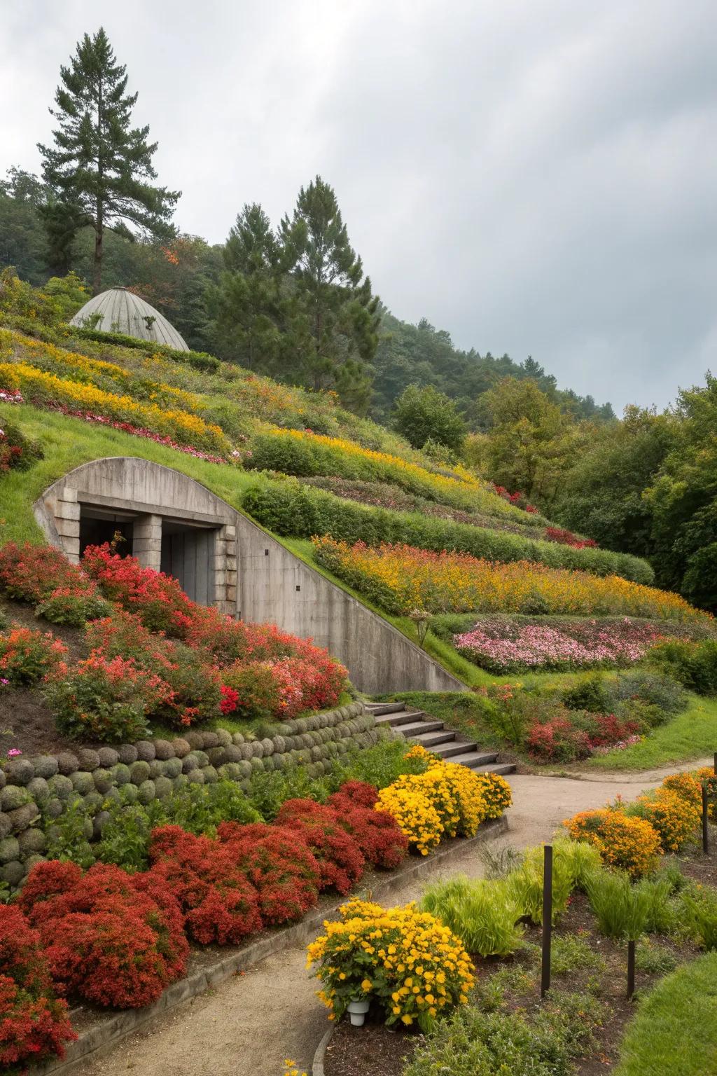 Layered gardens beautifully exploit slopes around storm shelters.