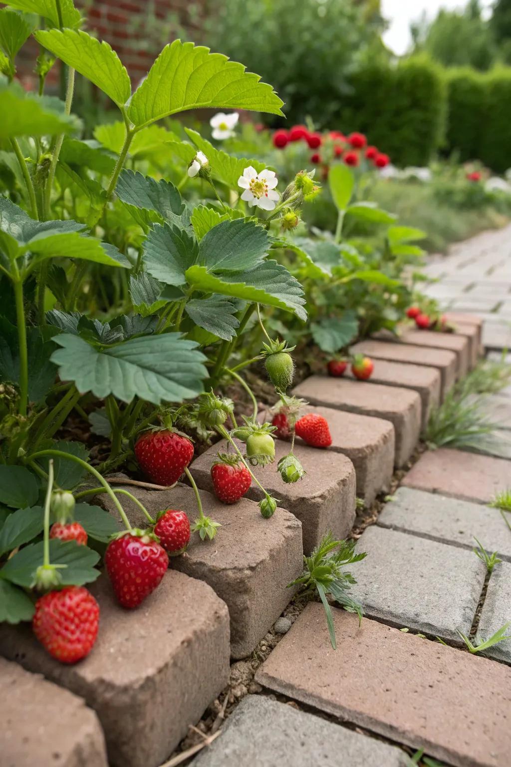 Strawberries developing beautifully amongst brickwork.