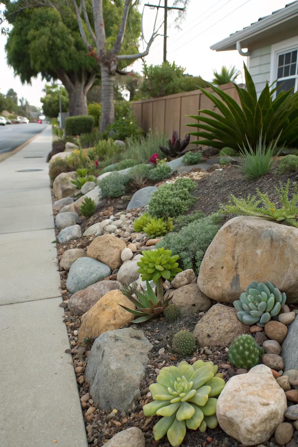 An eclectic rock garden offers a striking and low-maintenance option.