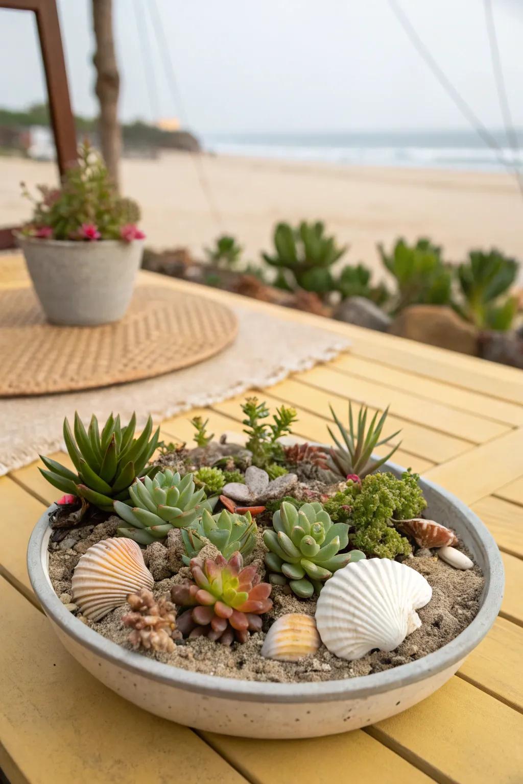 A beach-inspired succulent garden accentuated with seashell embellishments.