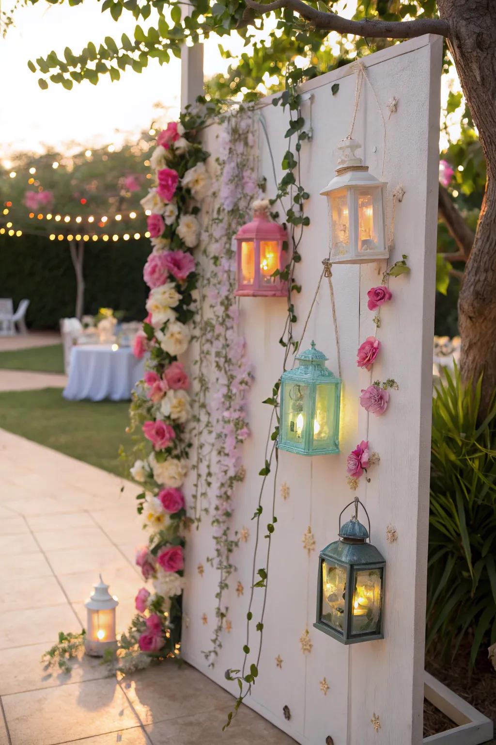 A layout intended for an outdoor gathering, complete with lanterns and florals.