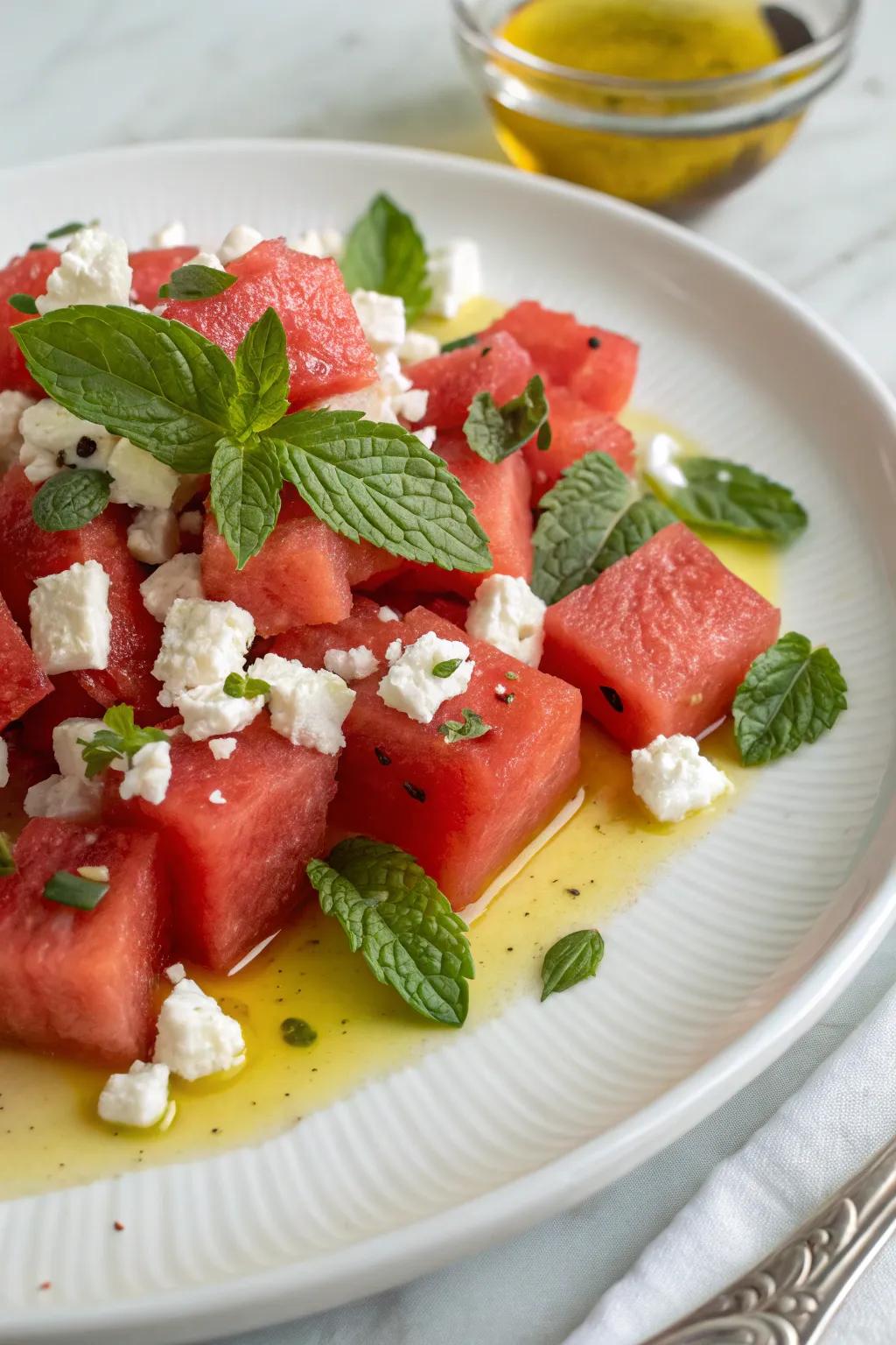 A refreshing watermelon salad accented with feta and mint.