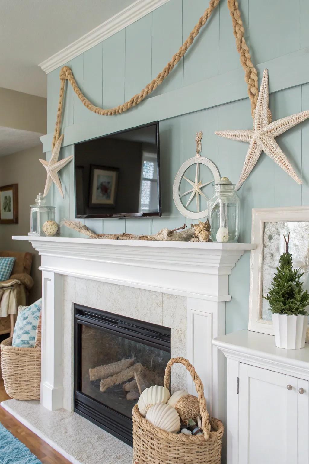 Coastal elements seamlessly integrate the seaside ambiance into your summer mantel presentation.