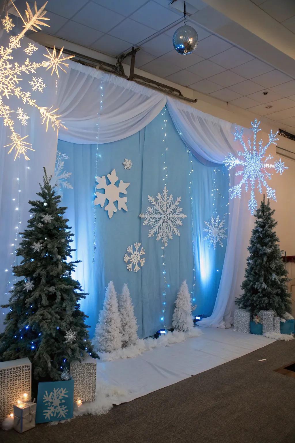 A winter wonderland themed backdrop provides a magical snowy getaway.