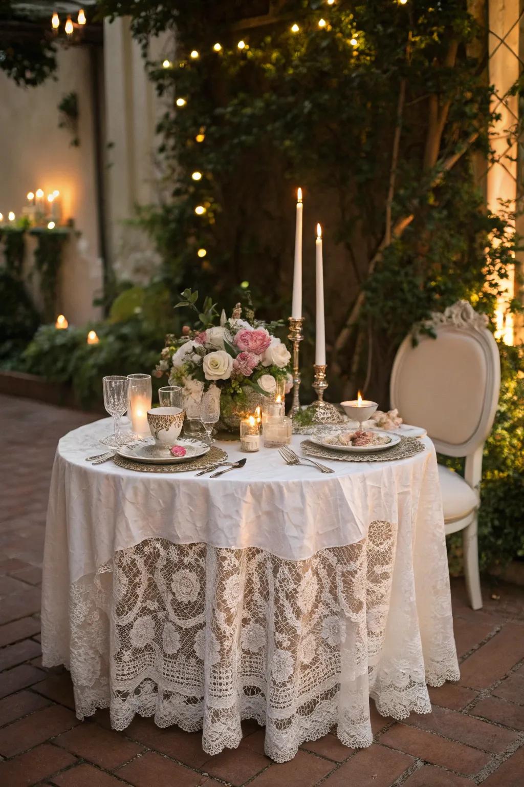 A vintage sweetheart table with lace and antique accents for a nuance of romance.