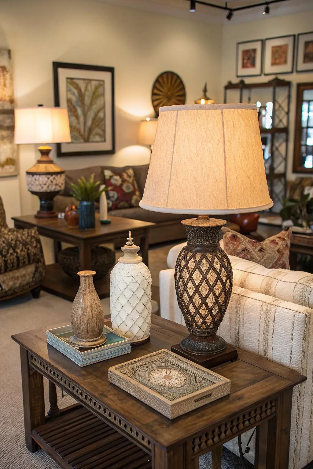 An assortment of table lamps enriches the ambient lighting within a living area.