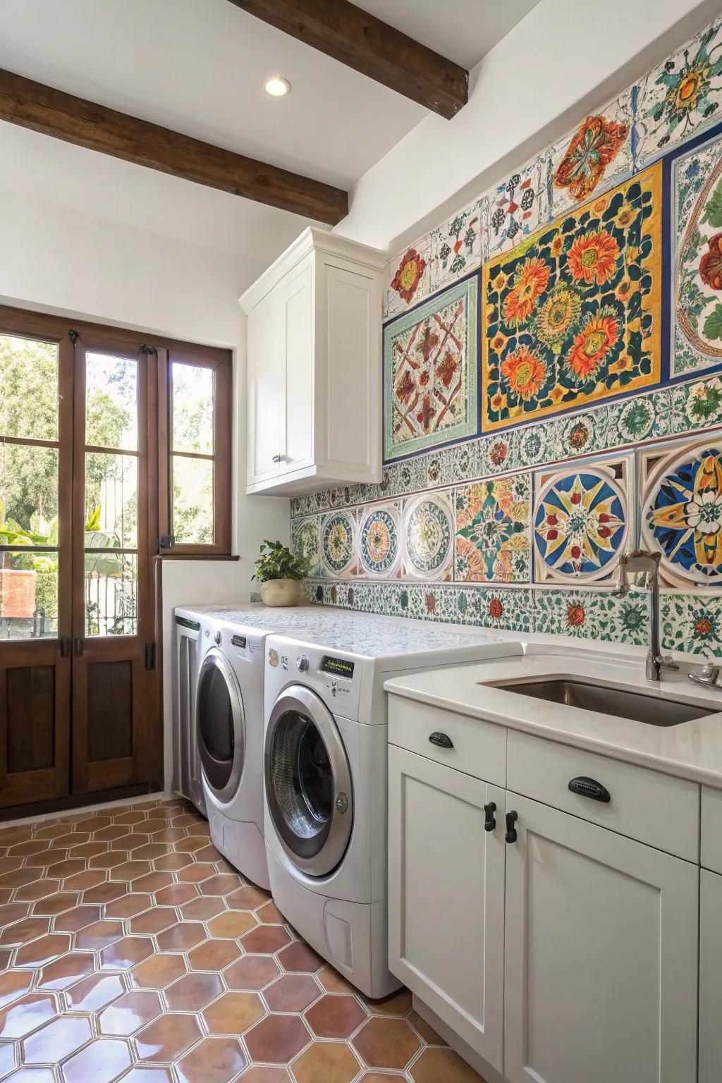 Bring joy to your laundry routine with an Artisan Motif tile backsplash.