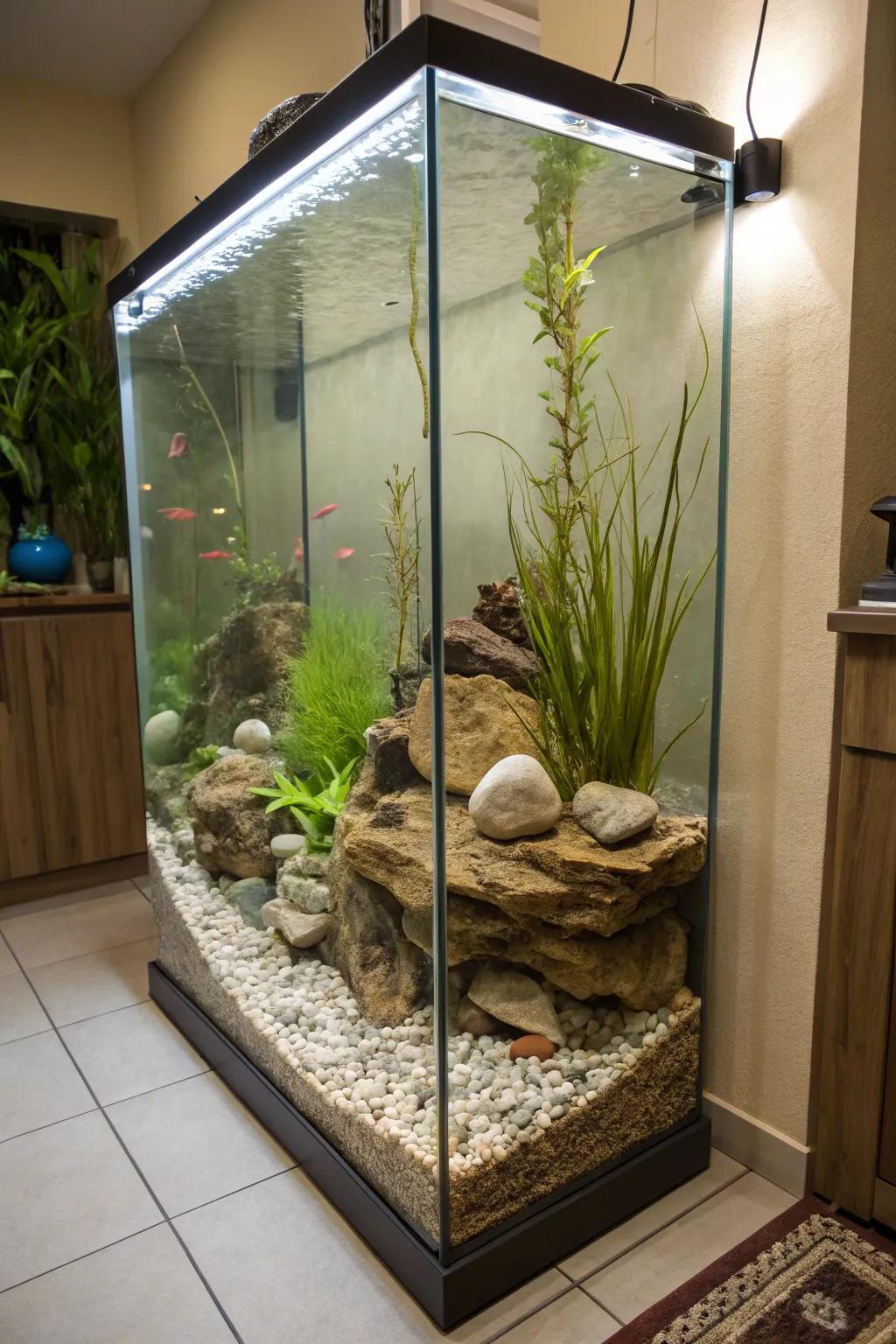 An authentic streambed recreated within a tall aquarium.