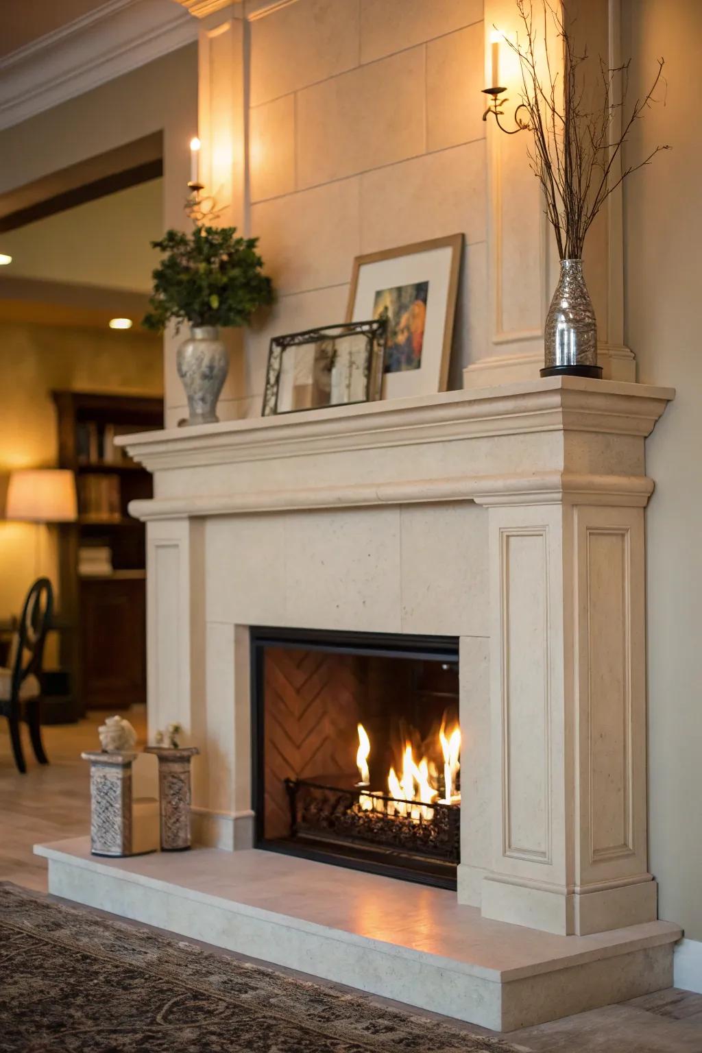 An elevated mantel with minimal ornamentation, underscoring the hearth as the focal point.
