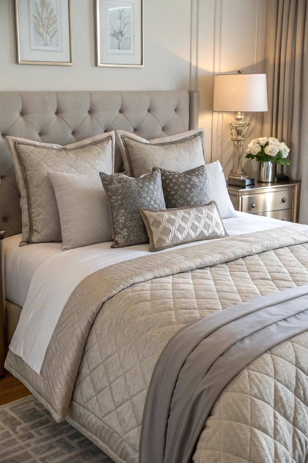 Greige and grey throw cushions enhancing the bed.
