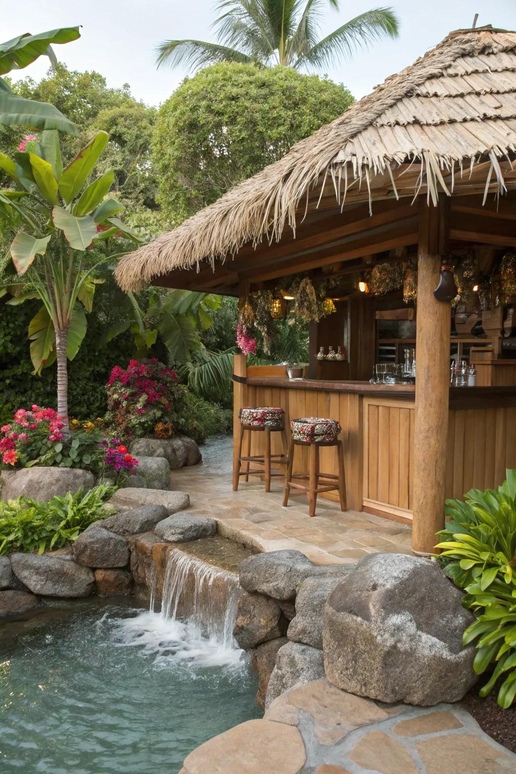 A water feature introduces tranquility and charm to your tiki bar.