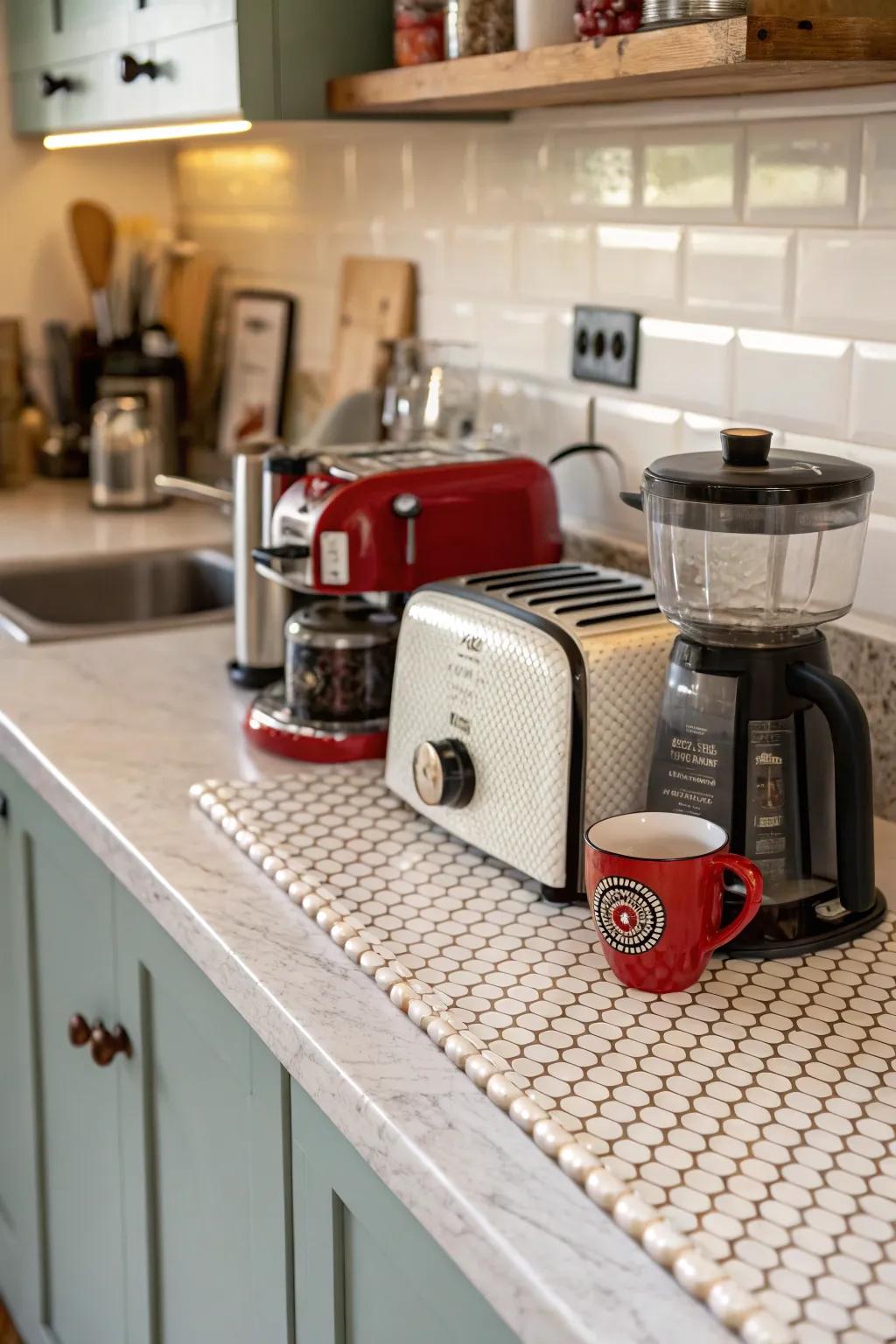 Tiny round tiles give a retro charm to this cooking space.