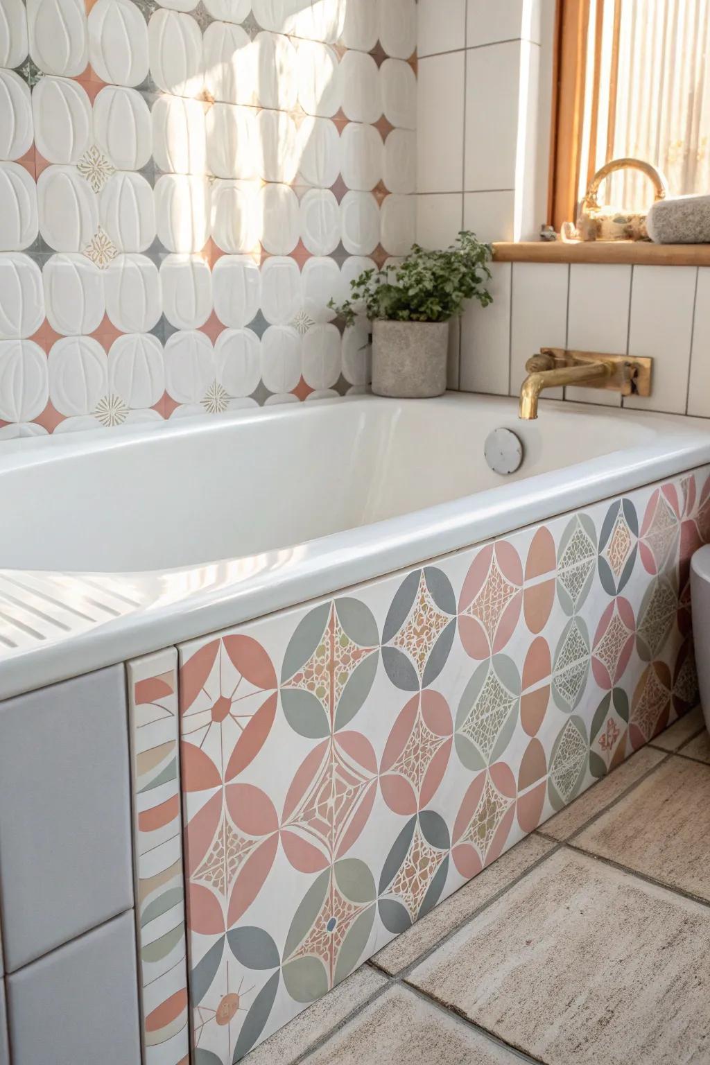 Redesign your tub enclosure into a whimsical sanctuary using geometric surfaces that usher in a playful elegance to your bathroom.