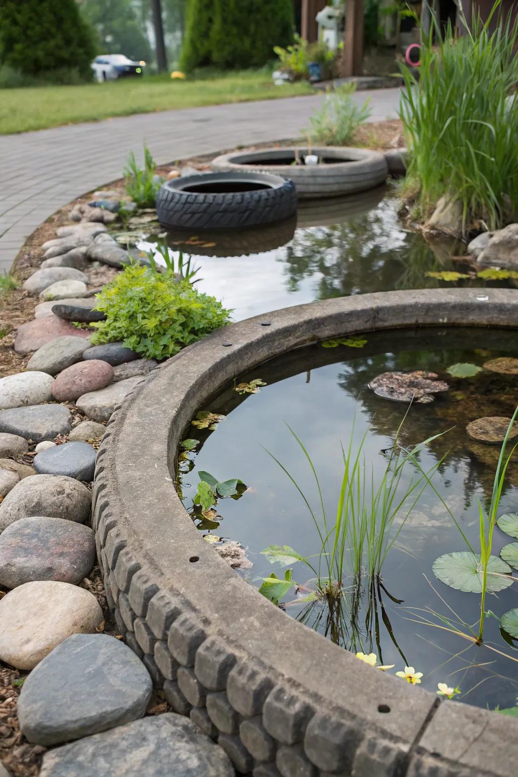A mortar-encased tire water pond, ensuring lasting resilience.