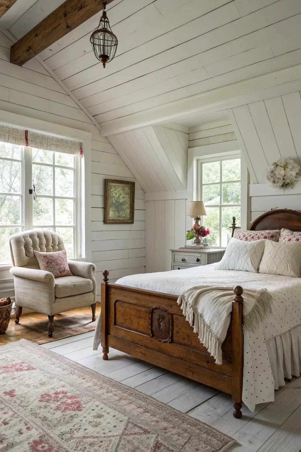 White plank walls evoke a snug cabin setting.