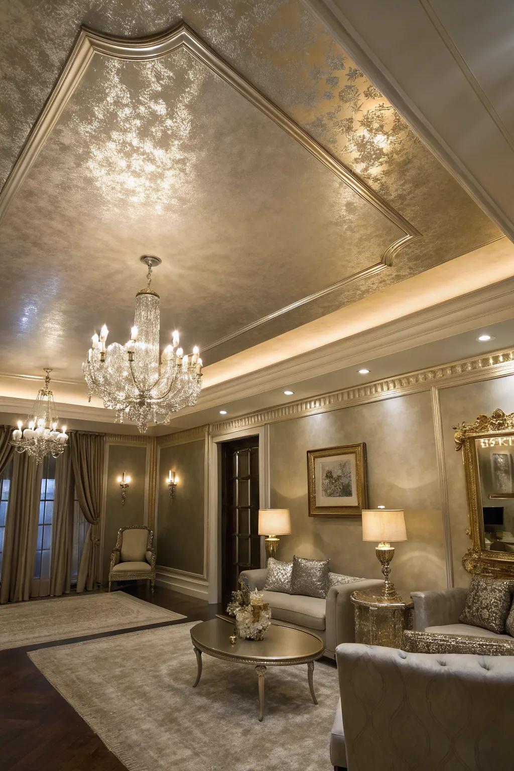 A glamorous room showcases a tray ceiling finished with metallic paint.
