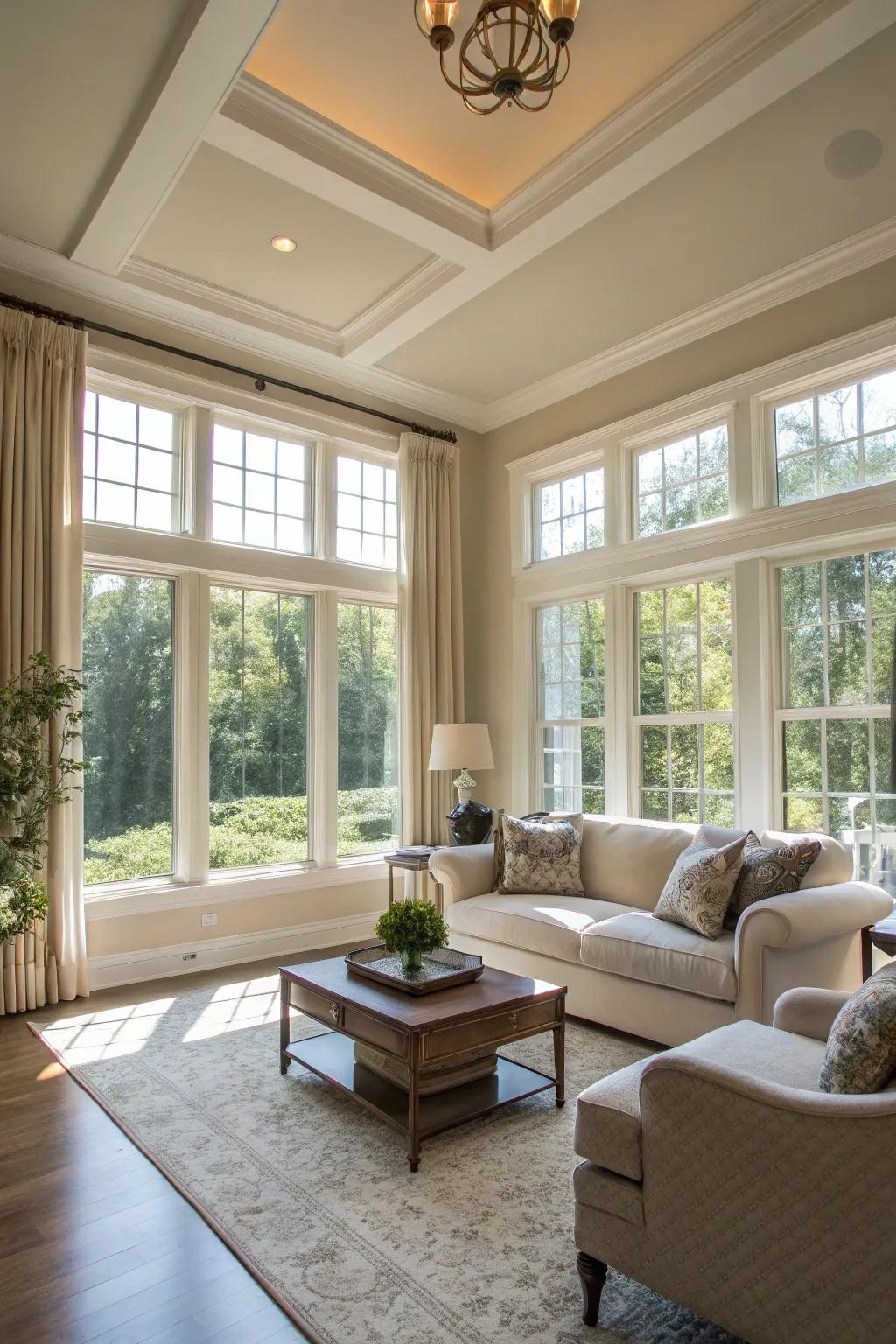 A living space features a tray ceiling designed to amplify natural light.