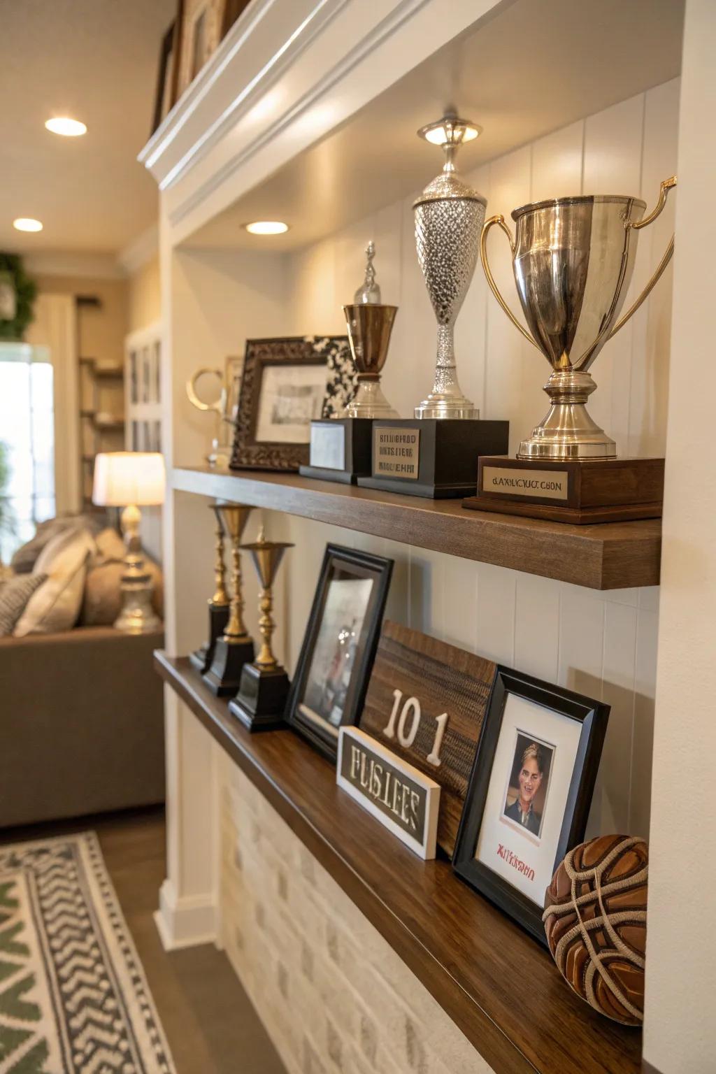 Custom trophy shelf featuring nameplates