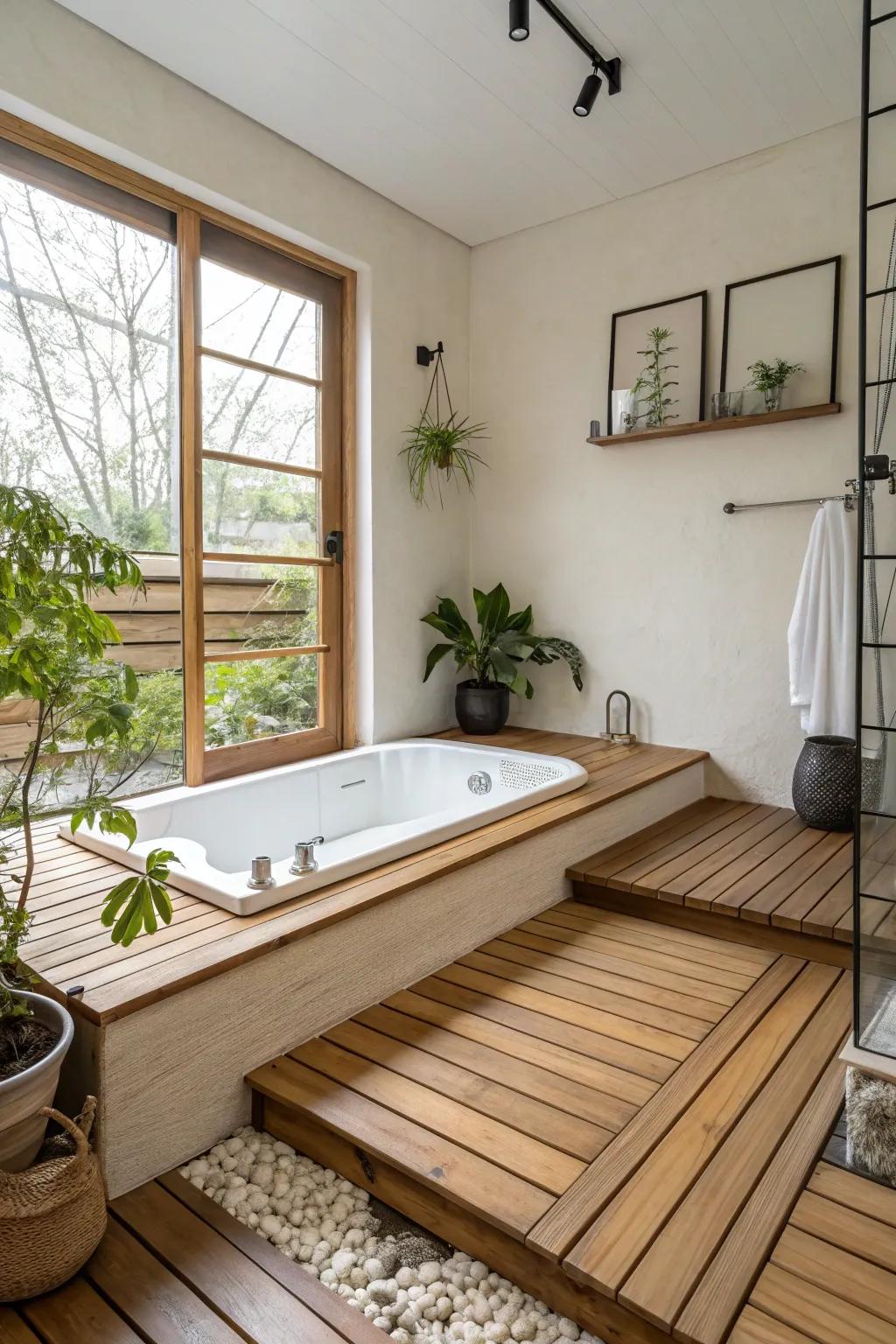 A zen-inspired tub surround with timber elements and minimalist decor.
