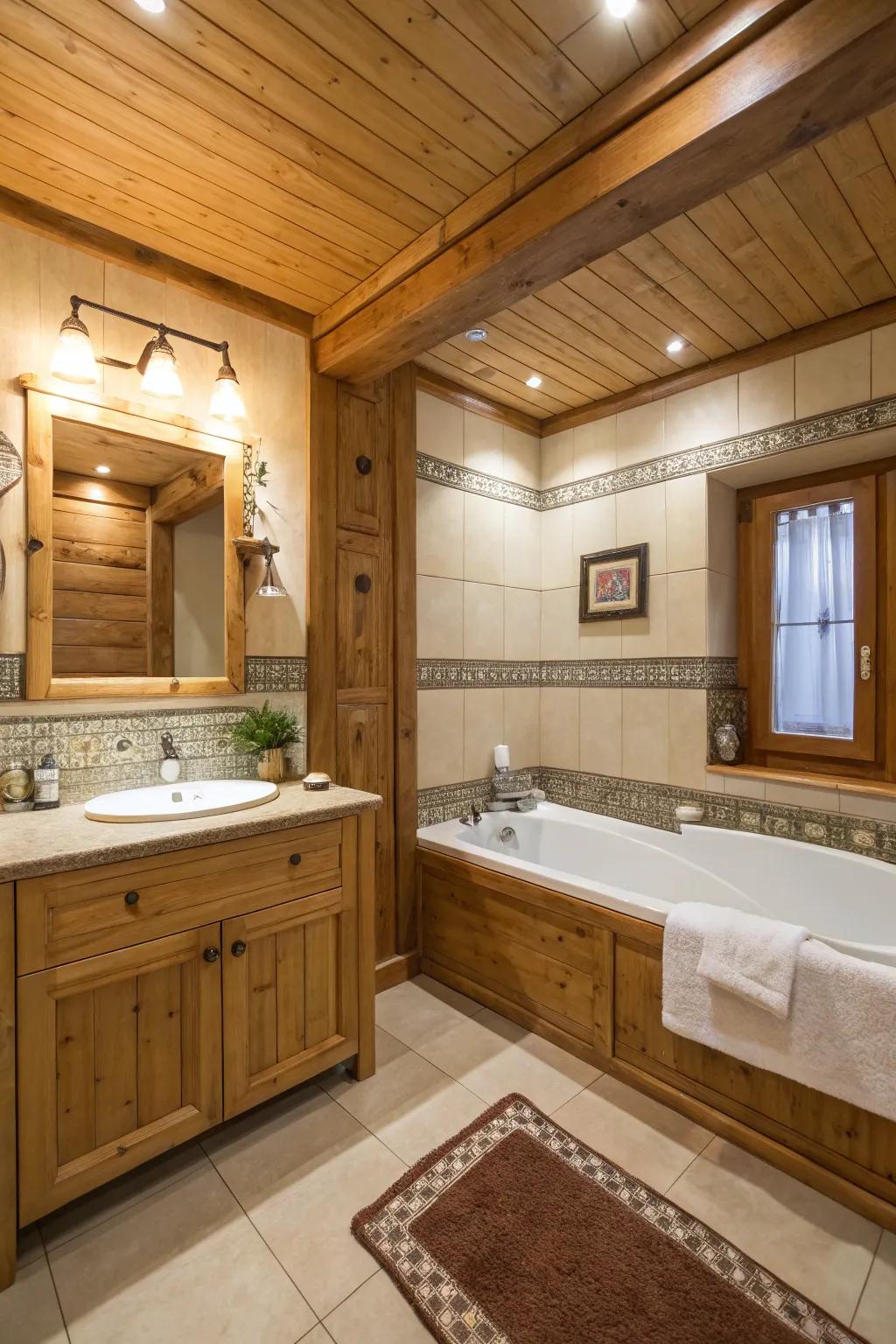 Welcoming lumber details soften the aesthetic of a contemporary tub-in-shower bathroom.