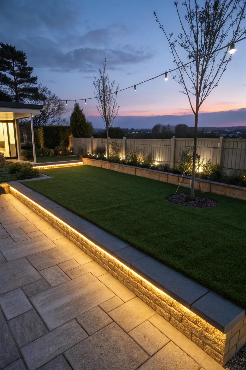 A synthetic lawn patio illuminated via diode-based lighting.