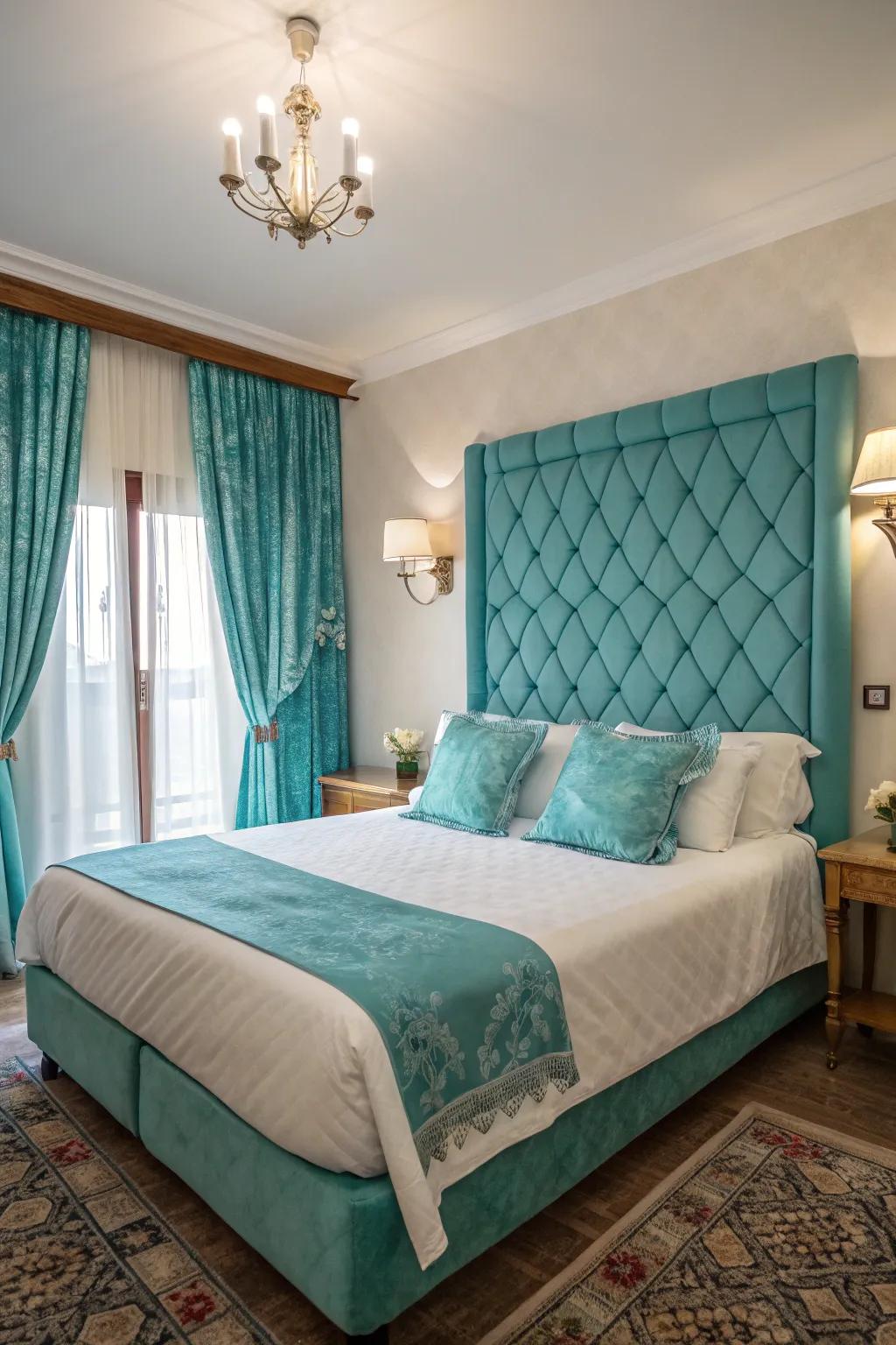 Turquoise material application bestows a modern revision onto this exemplary bedroom aesthetic.