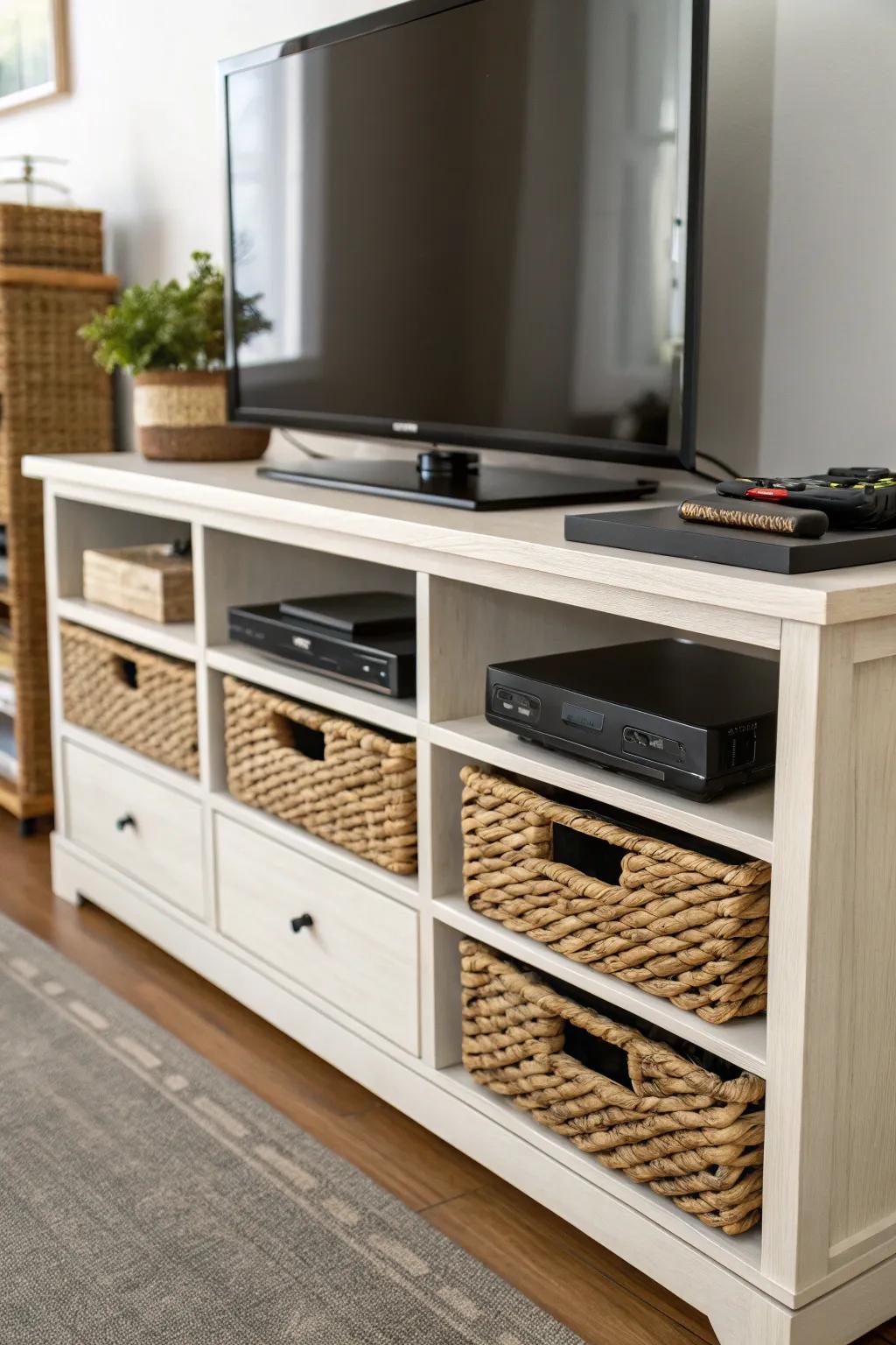 Practical storage incorporating drawers and baskets beneath a media console.