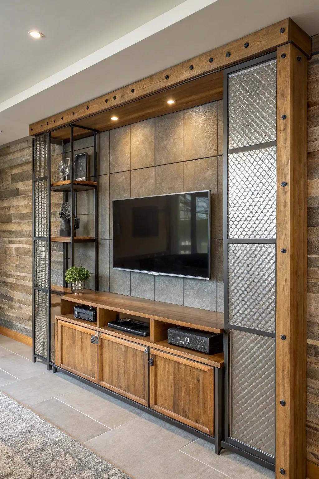 Mixed materials inject a dynamic and eclectic vibe into TV walls.