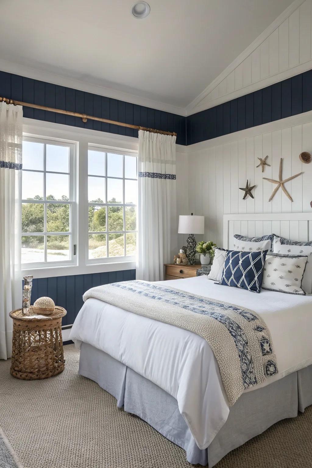 Walls in navy and white evoke a serene coastal ambiance.