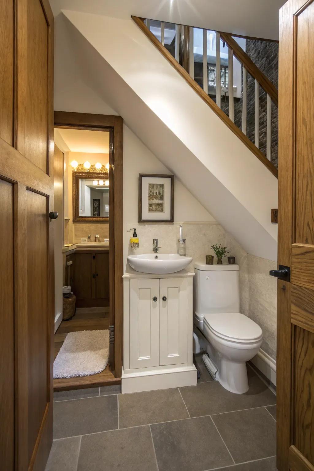 A below-stairs washroom with a concealed entryway that blends with the decor.