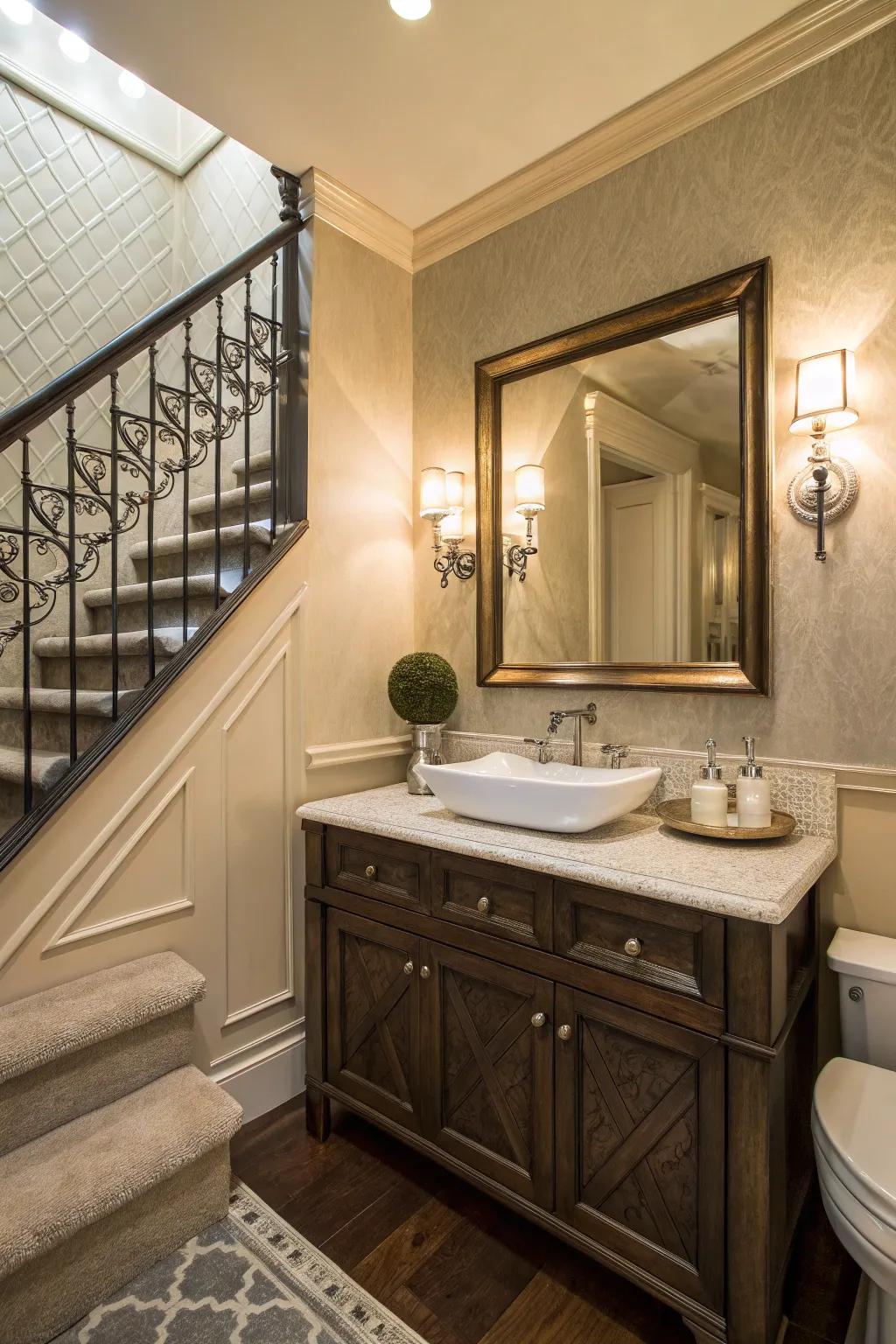 A concealed powder room introduces both luxury and practicality.