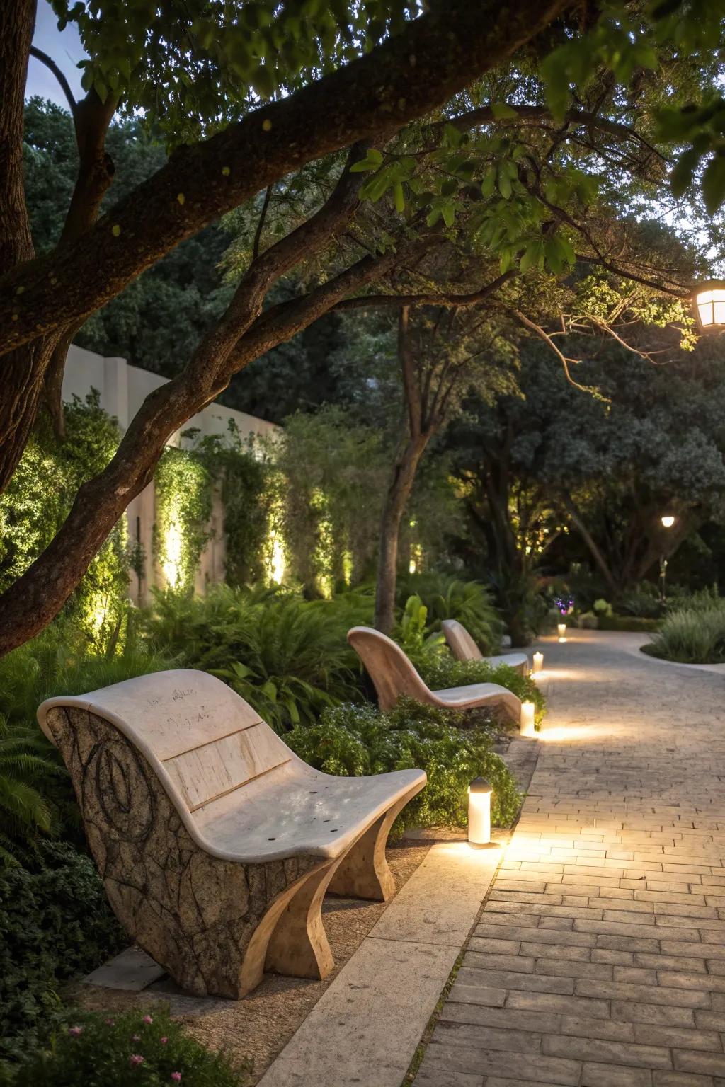 Artistic benches introduce panache and utility to the tree’s embrace.